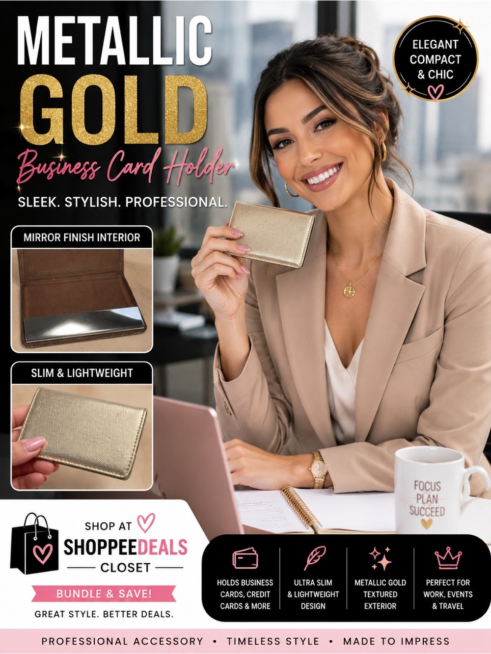 Metallic Gold Business Card Holder | Mirror Finish Interior